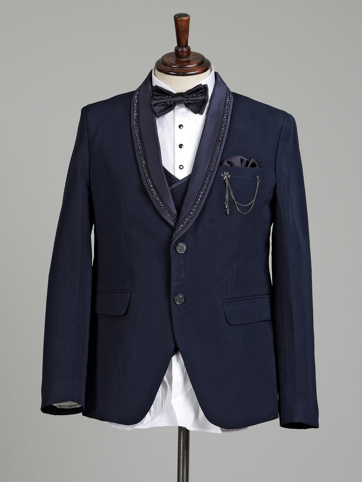 Midnight navy three-piece reception wear tuxedo suit