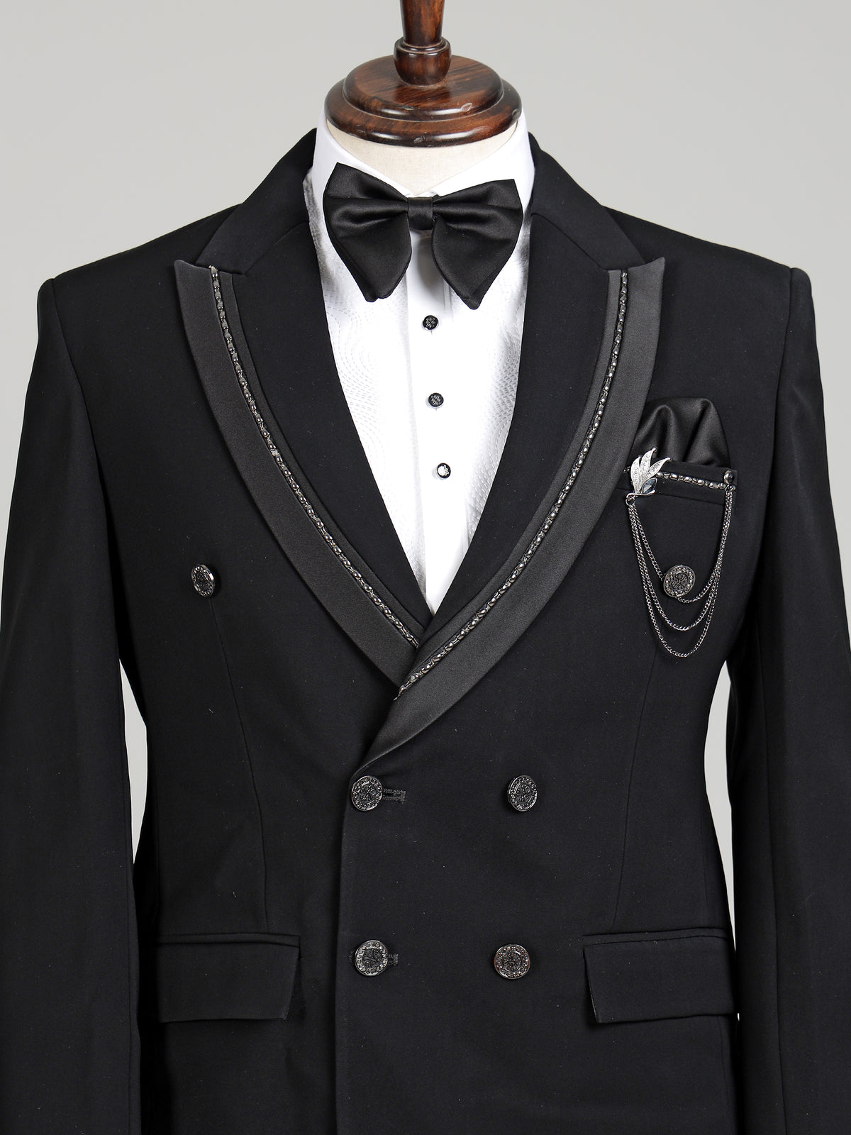 Jet black double-breasted tuxedo suit with crystal-bead piping