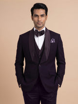 Midnight wine three-piece tuxedo suit with pleated satin lapel