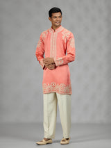 Coral peach floral mens kurta suit