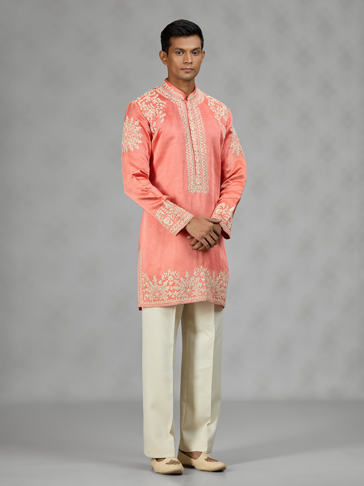 Coral peach floral mens kurta suit