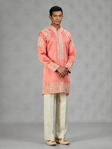 Coral peach floral mens kurta suit