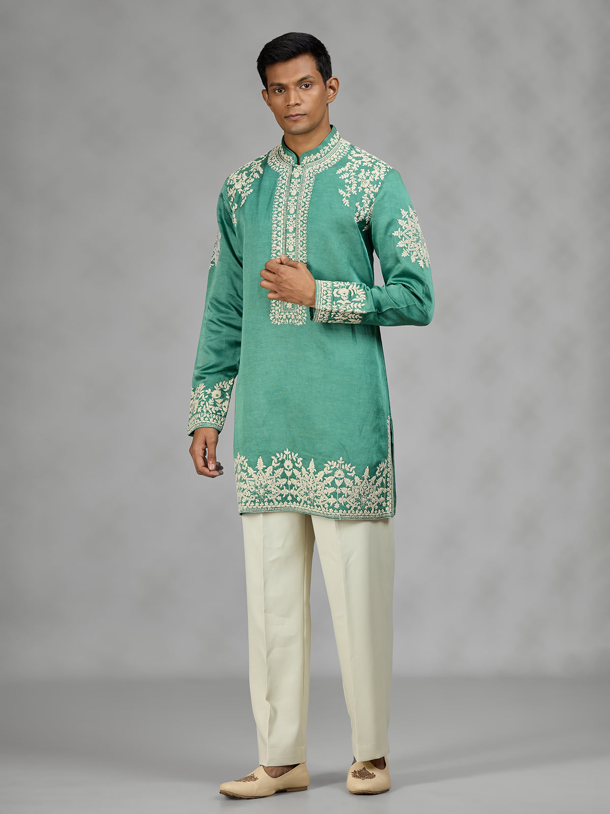 Green Kashmiri floral mens kurta suit