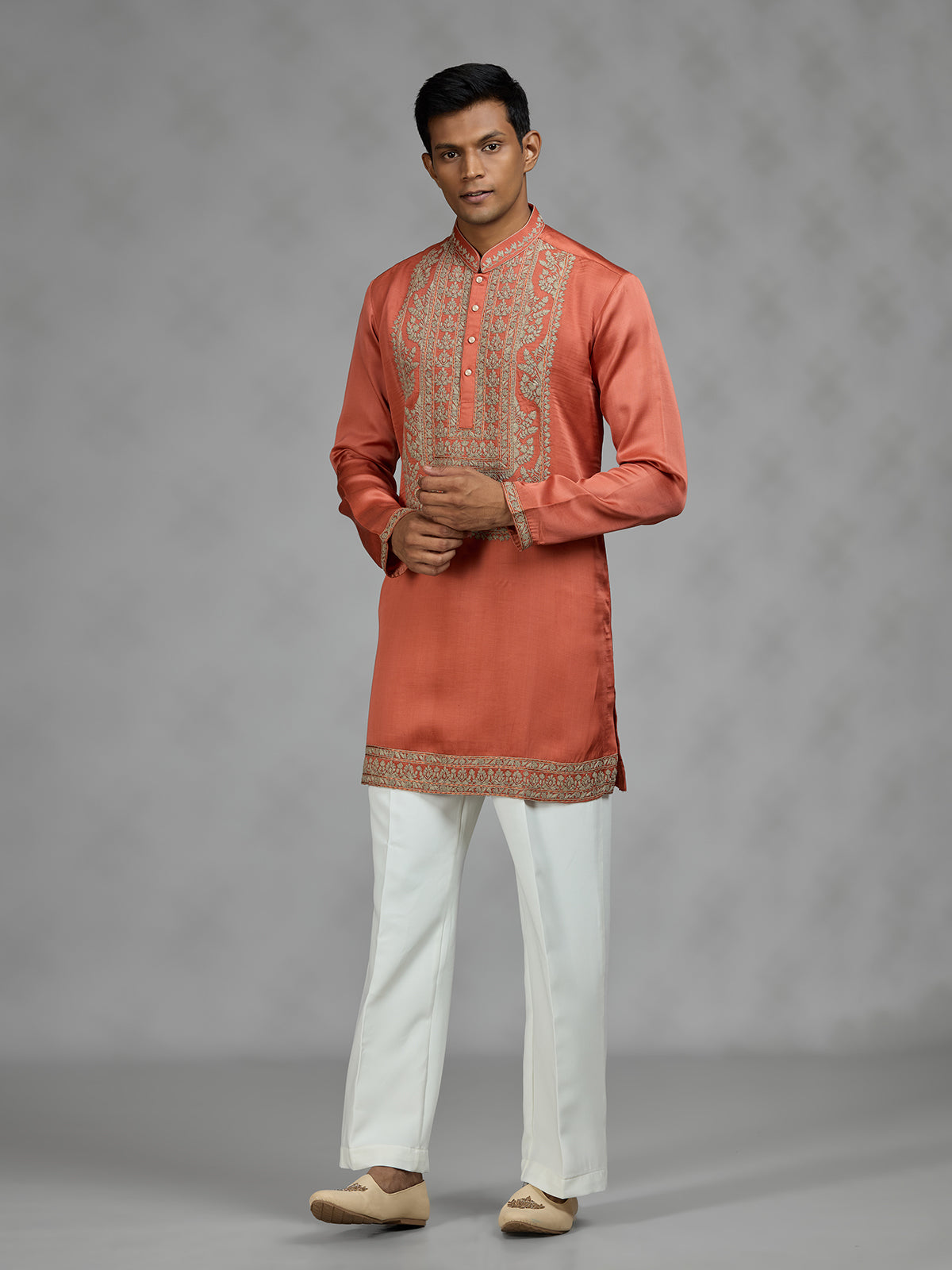 Rust orange antique gold mens kurta suit