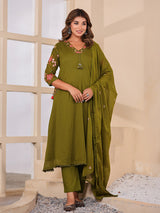 Olive green floral women kurti set