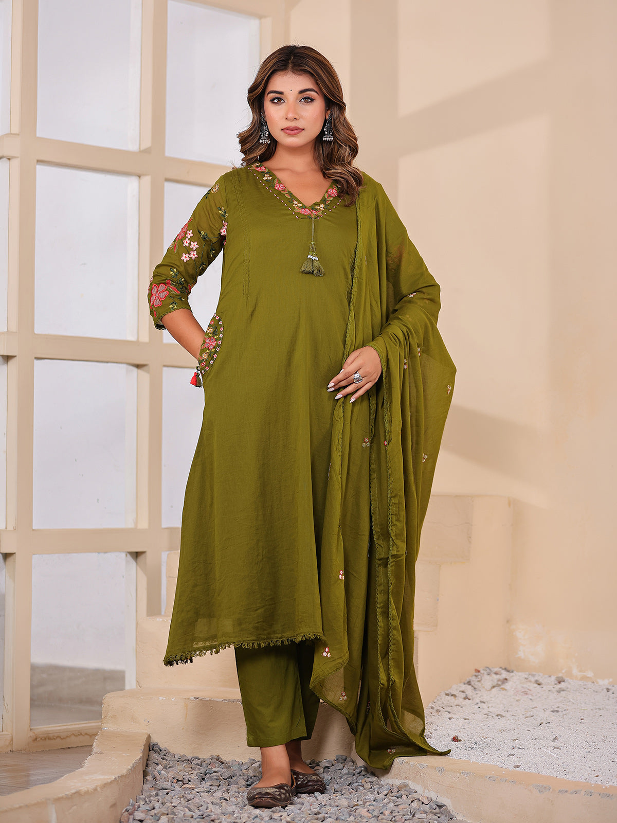 Olive green floral women kurti set
