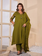 Olive green floral women kurti set