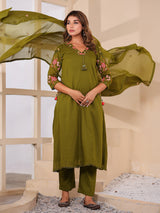 Olive green floral women kurti set