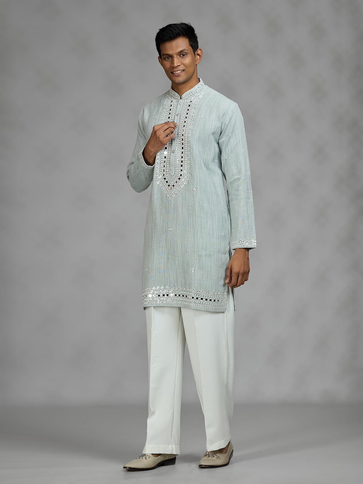 Pista green geometric mens kurta suit