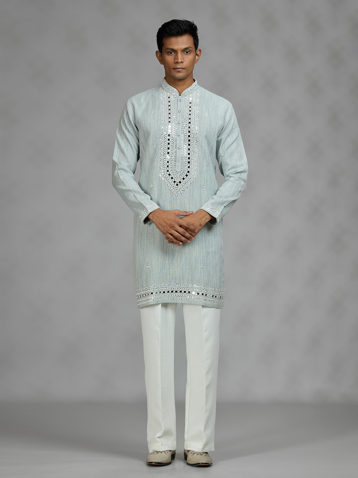 Pista green geometric mens kurta suit