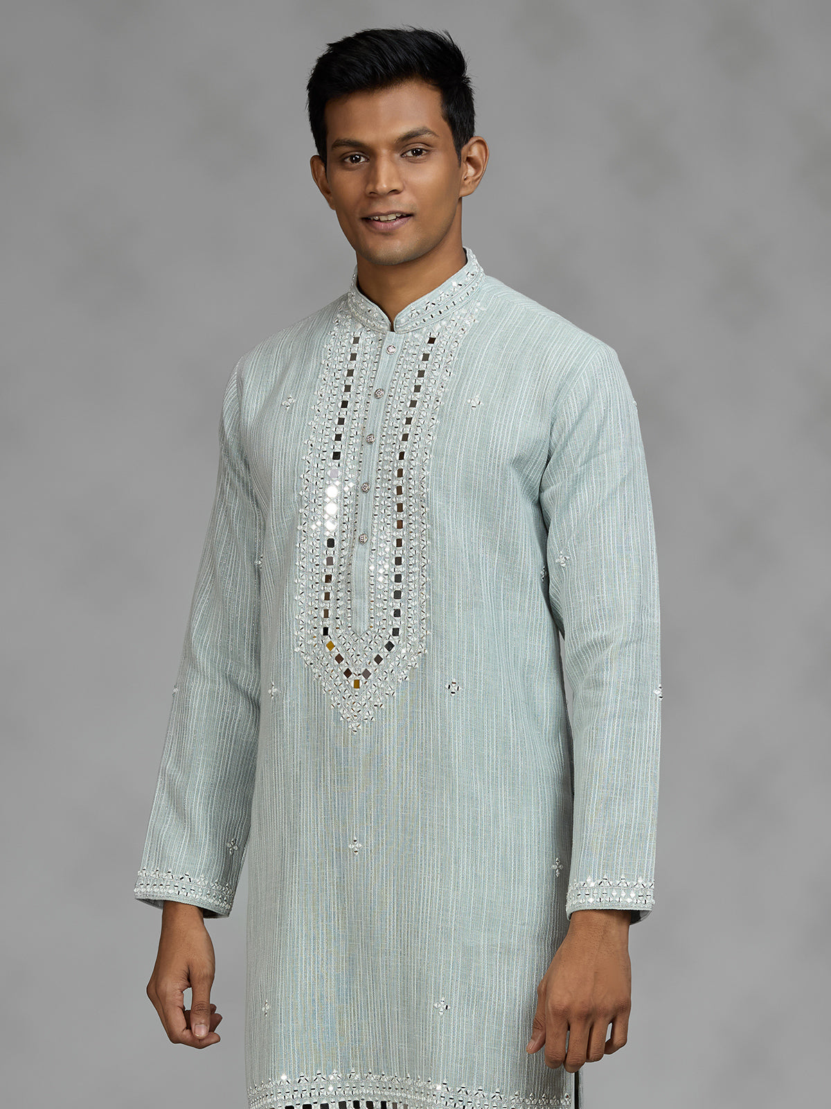 Pista green geometric mens kurta suit