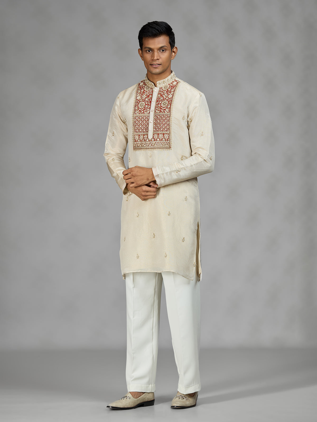 Cream floral grid mens kurta suit