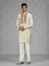 Cream floral grid mens kurta suit
