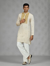 Cream ivory floral mens kurta suit
