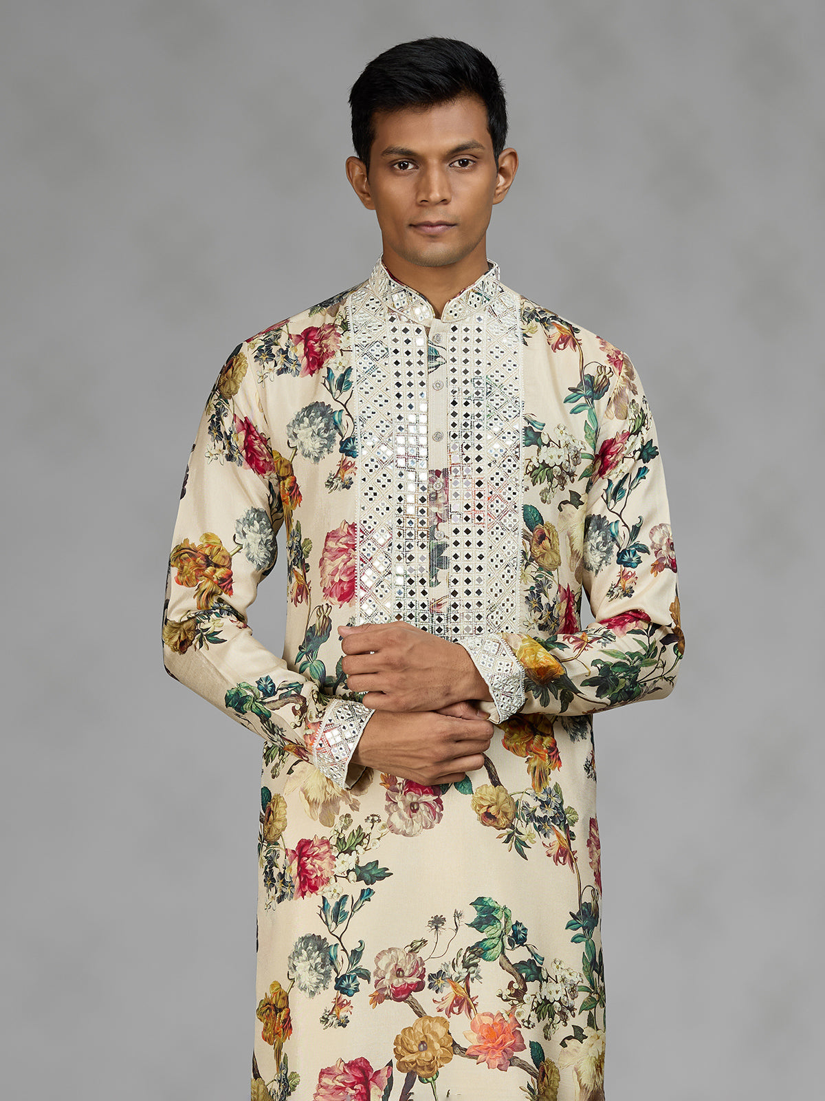 Cream vintage tapestry mens kurta suit