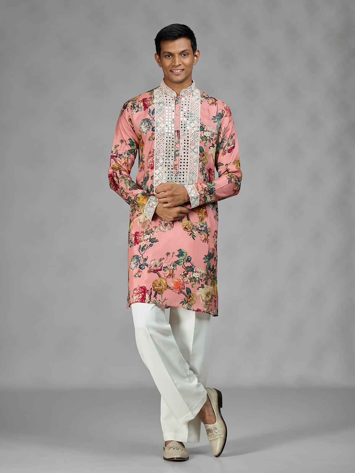 Pink vintage tapestry mens kurta suit