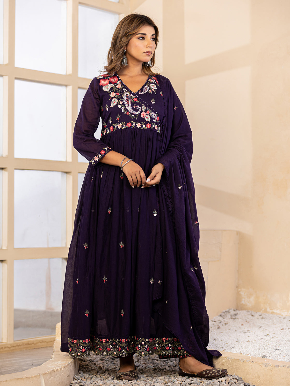 Deep royal purple angrakha women kurti set