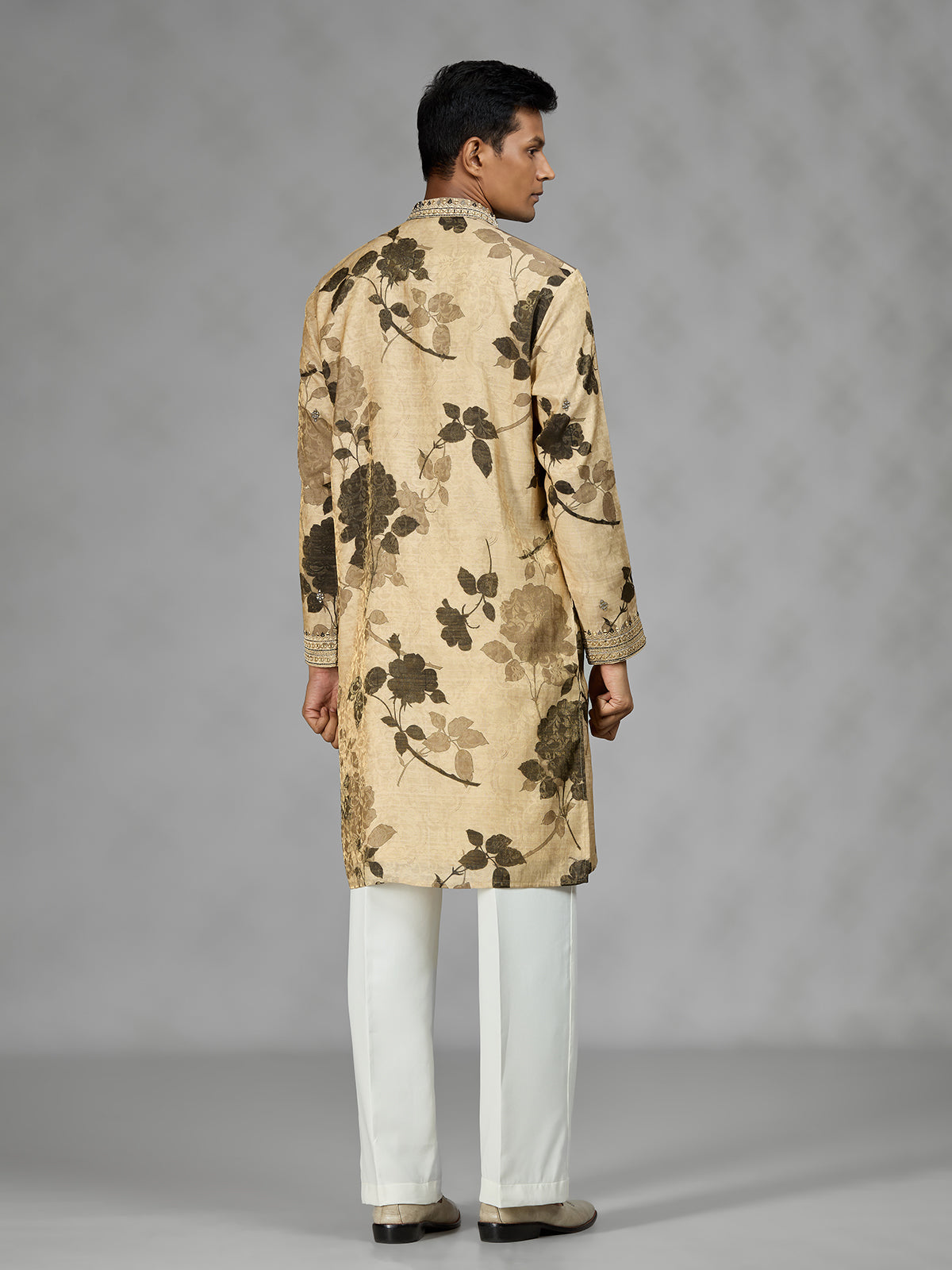 Beige botanical shadow mens kurta suit