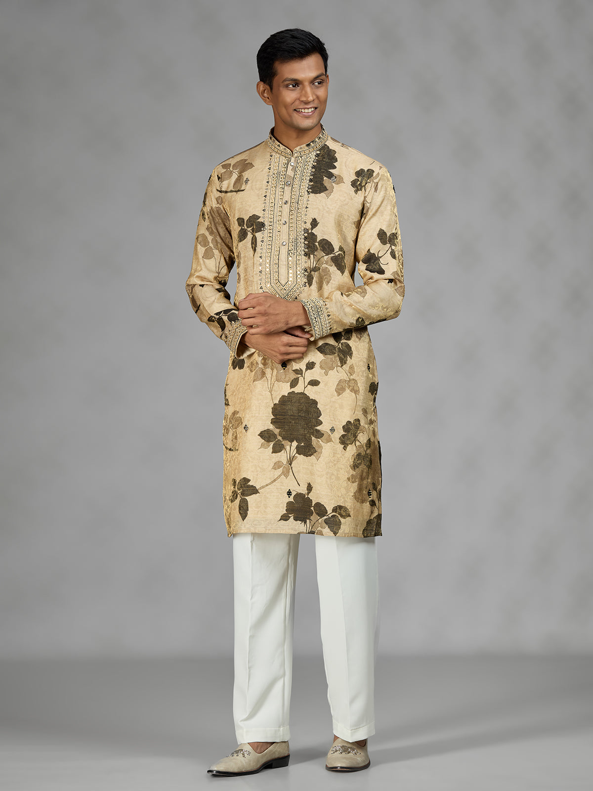 Beige botanical shadow mens kurta suit