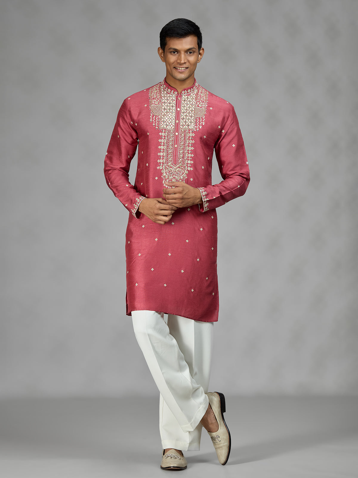 Rose pink ornate mens kurta suit