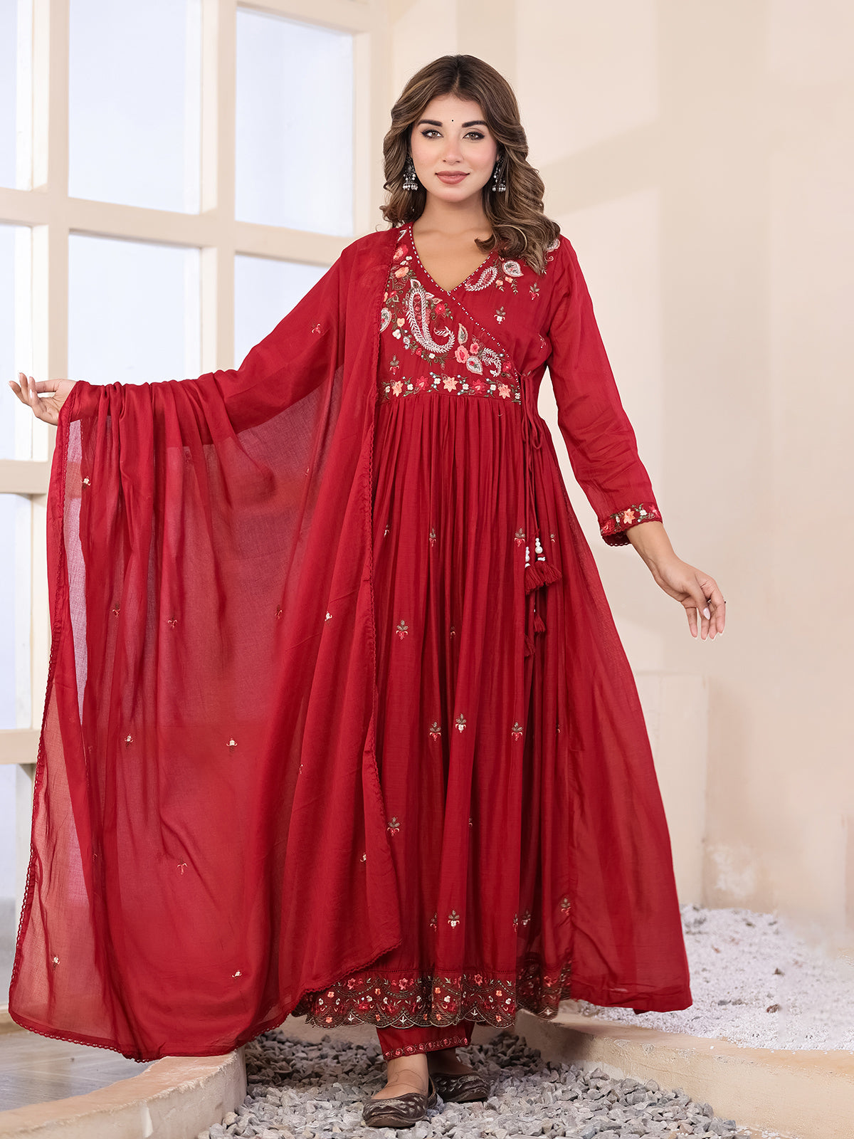 Deep ruby red floral women kurti set