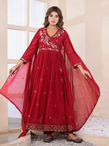 Deep ruby red floral women kurti set