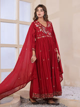 Deep ruby red floral women kurti set