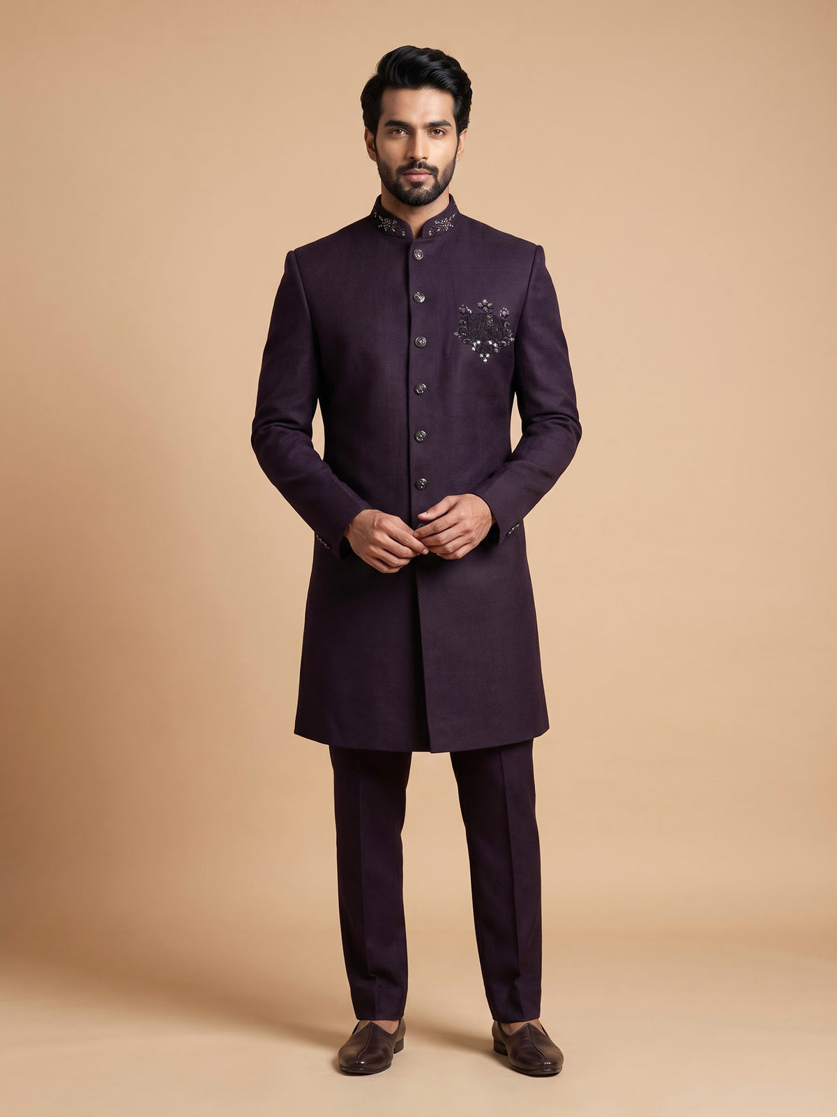 Deep wine tonal embellished crest indowestern suit for mens