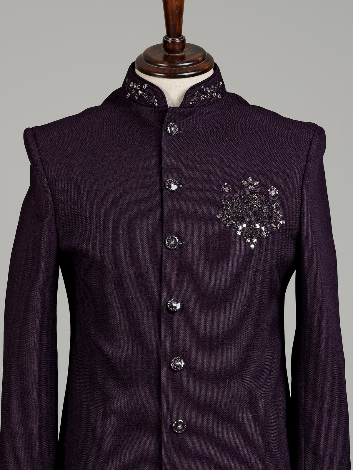Deep wine tonal embellished crest indowestern suit for mens