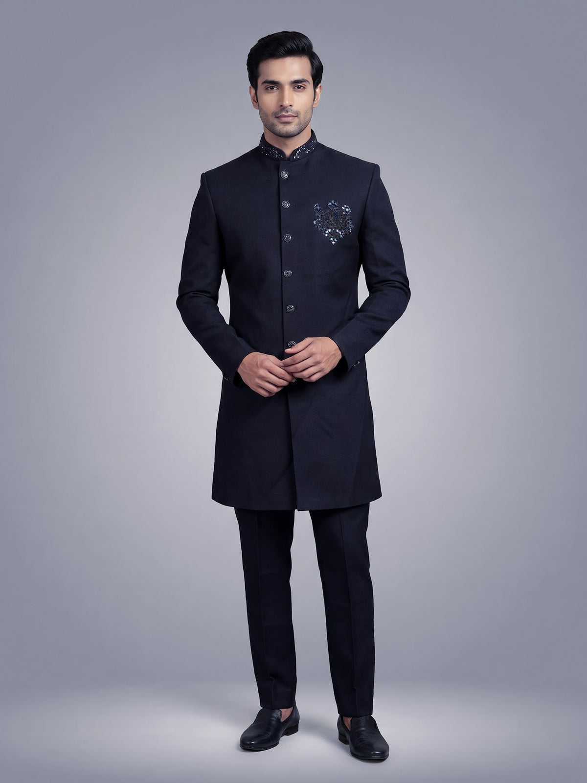 Deep navy embellished tonal crest indowestern suit for mens