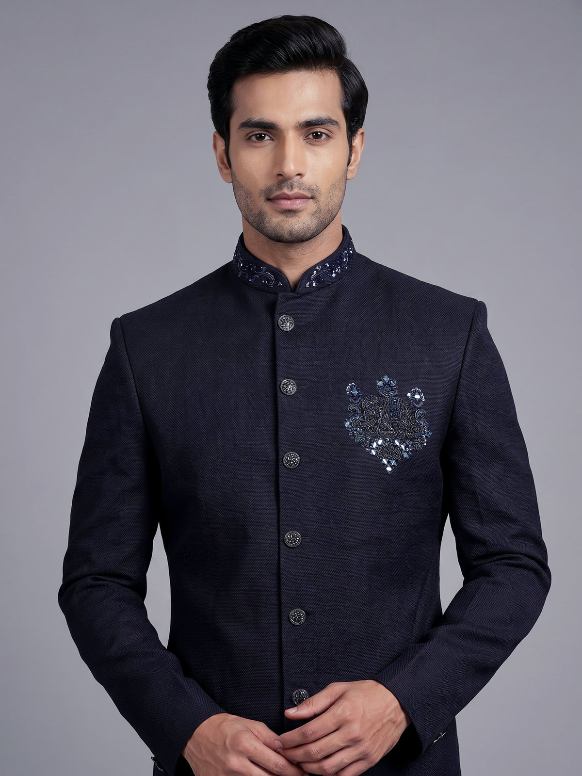 Deep navy embellished tonal crest indowestern suit for mens