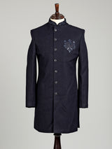 Deep navy embellished tonal crest indowestern suit for mens