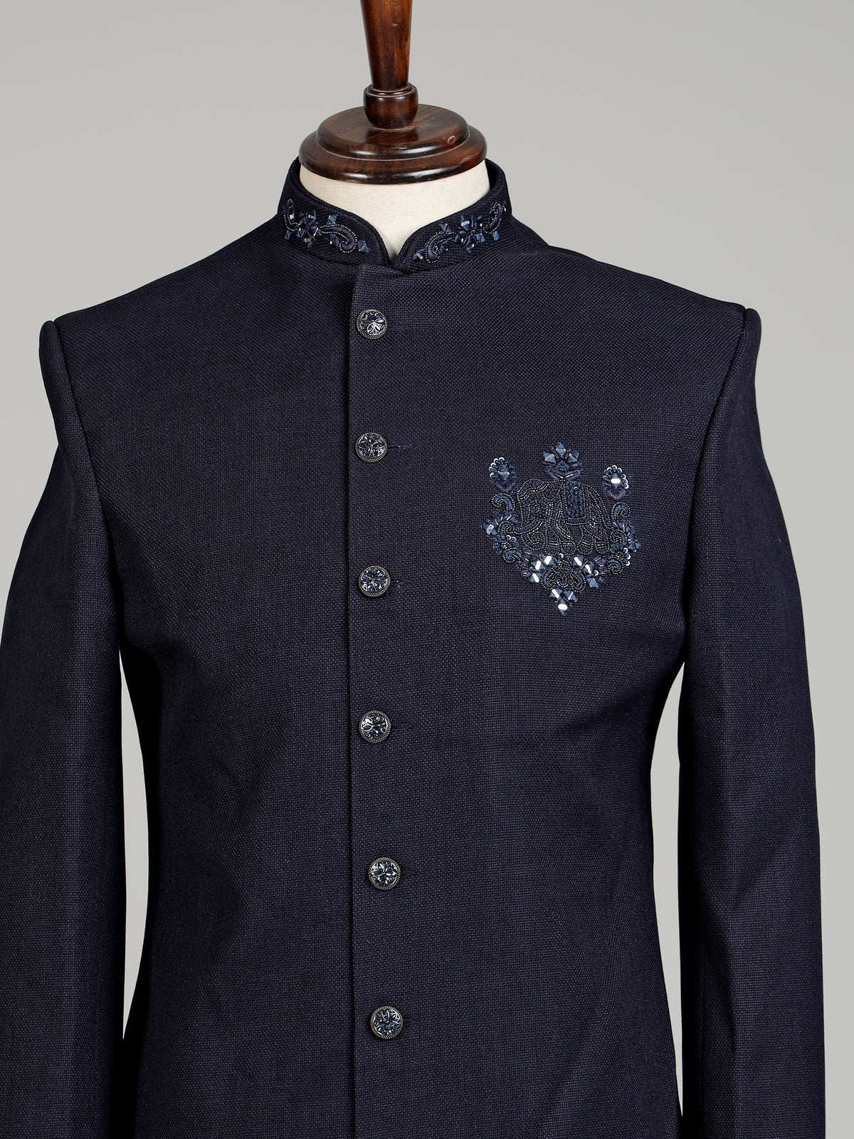 Deep navy embellished tonal crest indowestern suit for mens