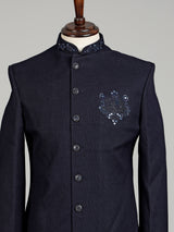 Deep navy embellished tonal crest indowestern suit for mens