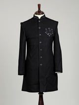 Black embellished tonal crest motif indowestern suit for mens