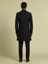 Black embellished tonal crest motif indowestern suit for mens