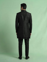 Jet black Swarovski embellished longline indowestern suit for mens