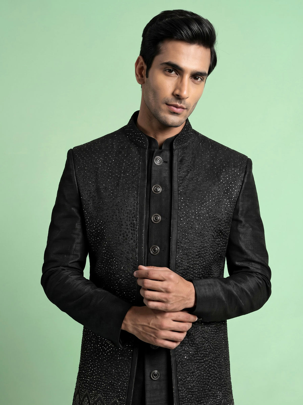 Jet black Swarovski embellished longline indowestern suit for mens