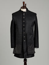 Jet black Swarovski embellished longline indowestern suit for mens