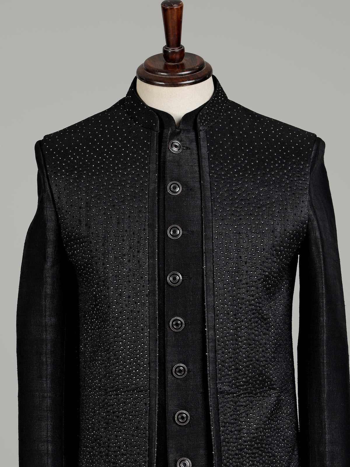 Jet black Swarovski embellished longline indowestern suit for mens