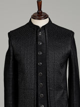 Jet black Swarovski embellished longline indowestern suit for mens