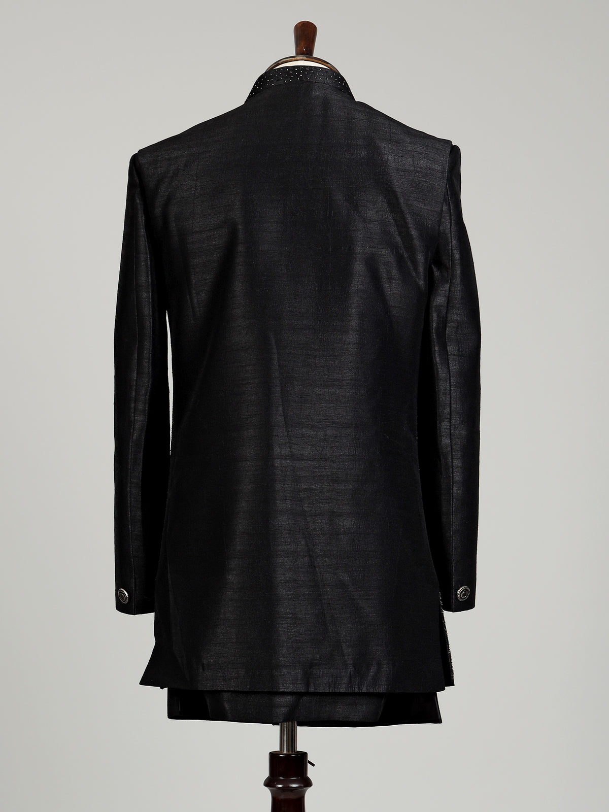 Jet black Swarovski embellished longline indowestern suit for mens