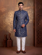 Blue jacquard silk premium mens indo western