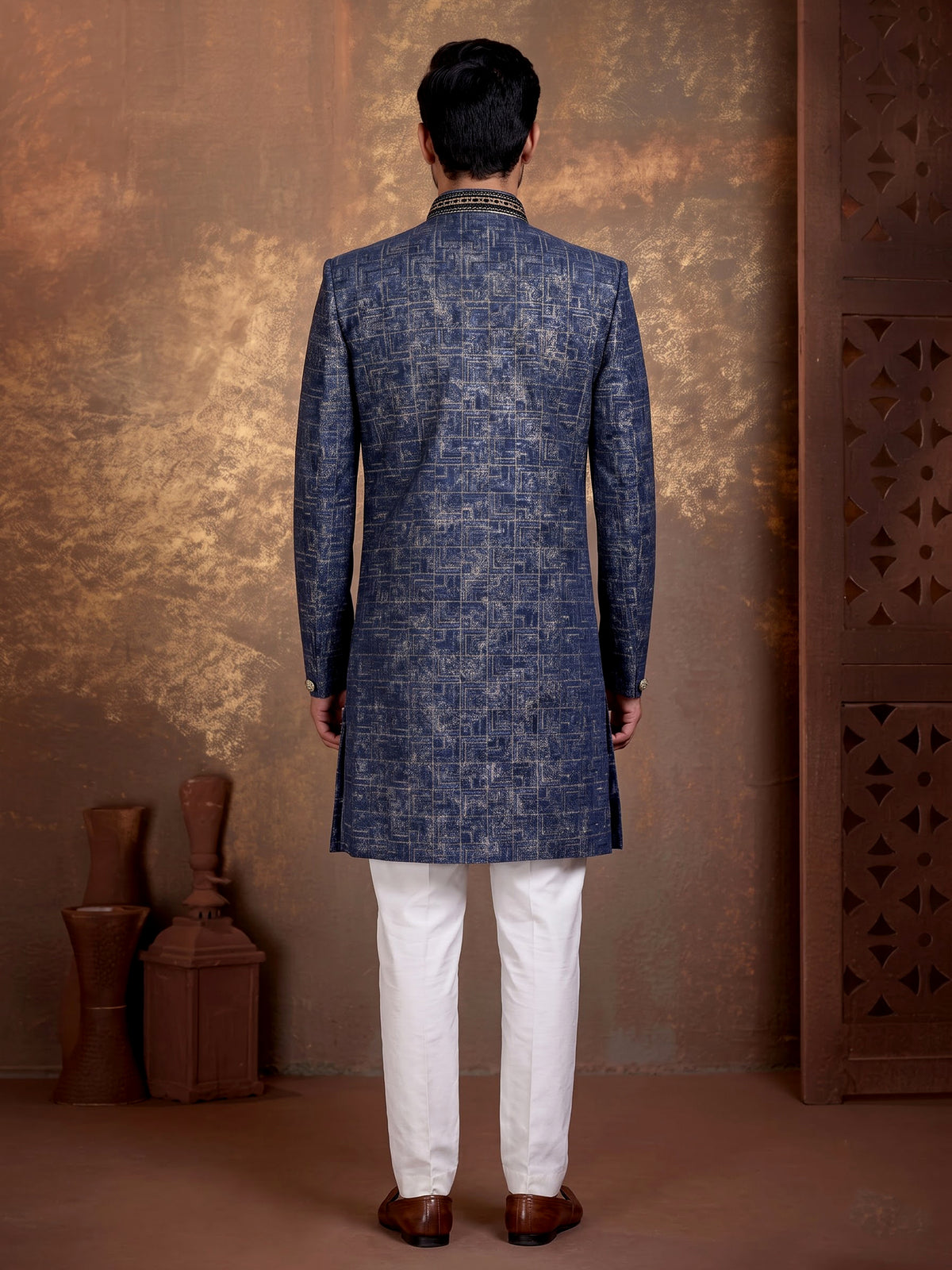 Blue jacquard silk premium mens indo western