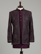Deep wine embroidered layered indowestern suit for mens