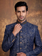 Blue jacquard silk premium mens indo western