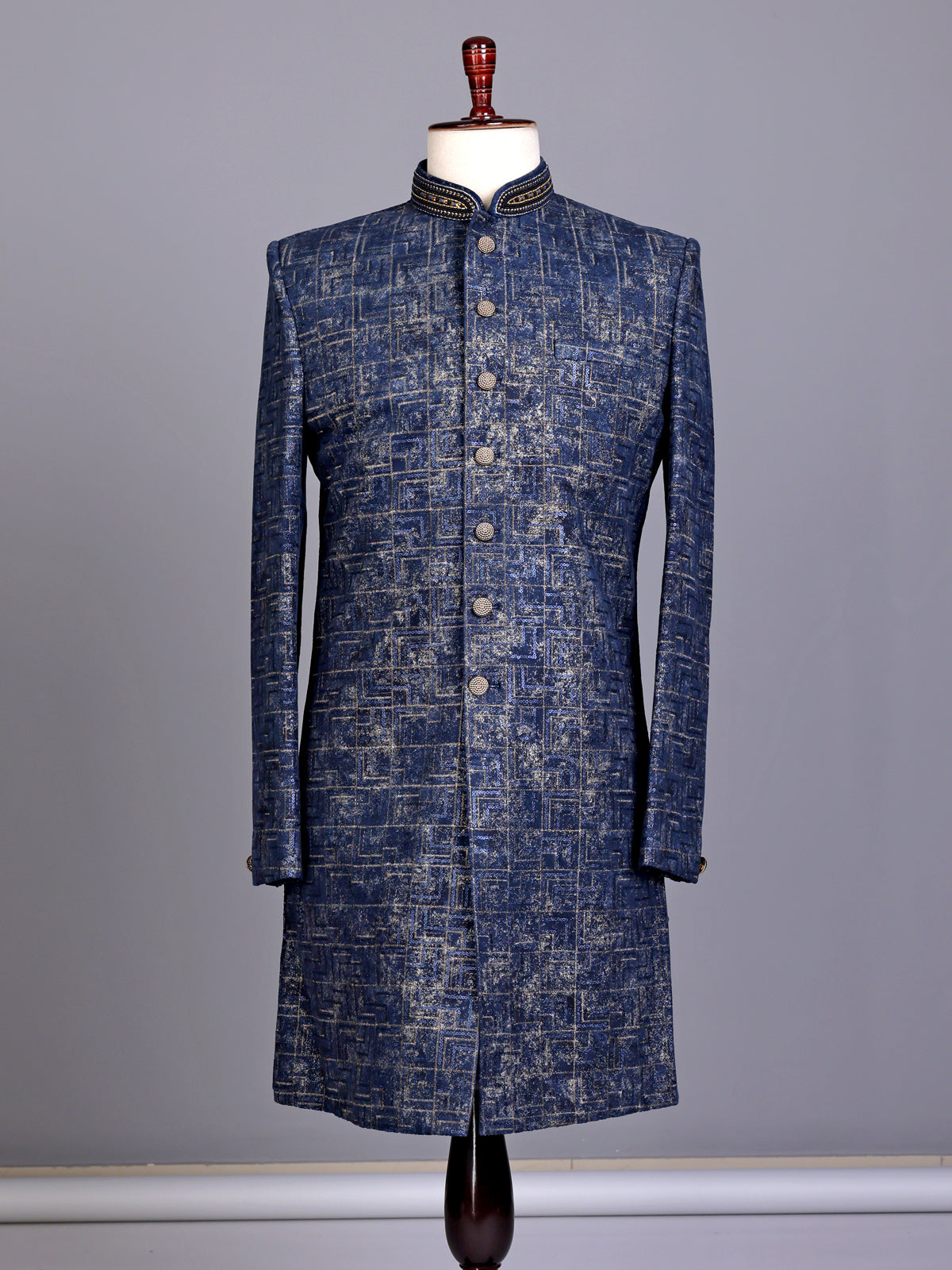 Blue jacquard silk premium mens indo western