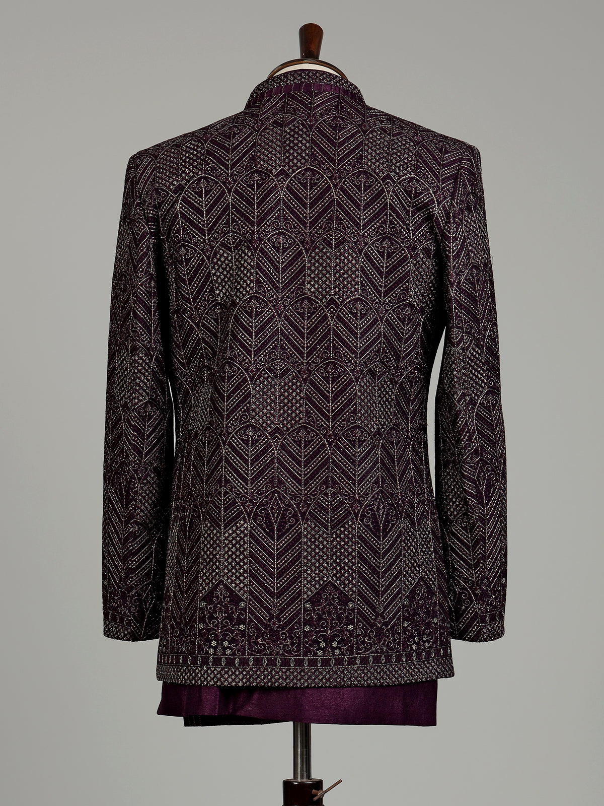 Deep wine embroidered layered indowestern suit for mens