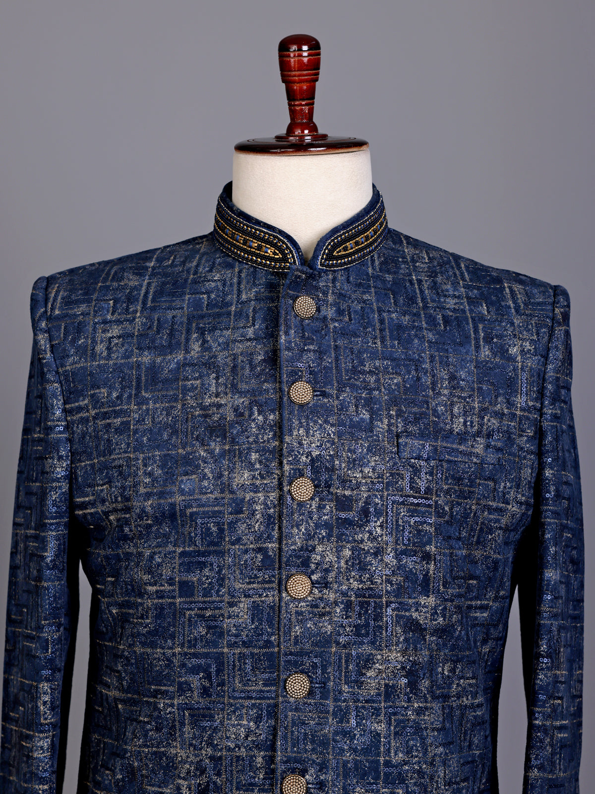 Blue jacquard silk premium mens indo western