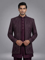 Deep wine embroidered layered indowestern suit for mens